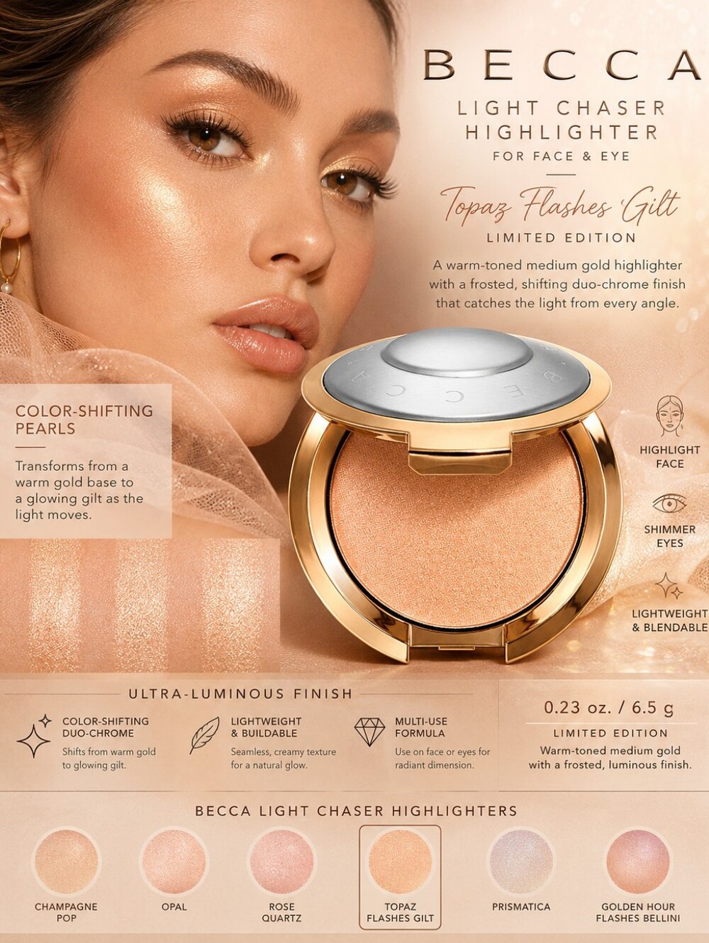BECCA Light Chaser Highlighter for Face & Eye - Topaz Flashes Gilt